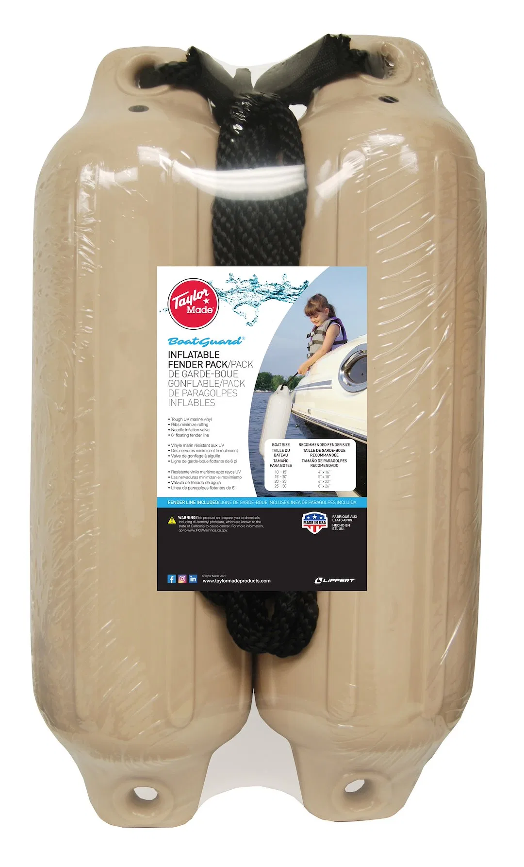 31015S2P – TAYLOR MADE Boat Fender, Sand Ribbed Round 5 Inch Diameter x 18 Inch Length Vinyl With Needle Type Valve F...